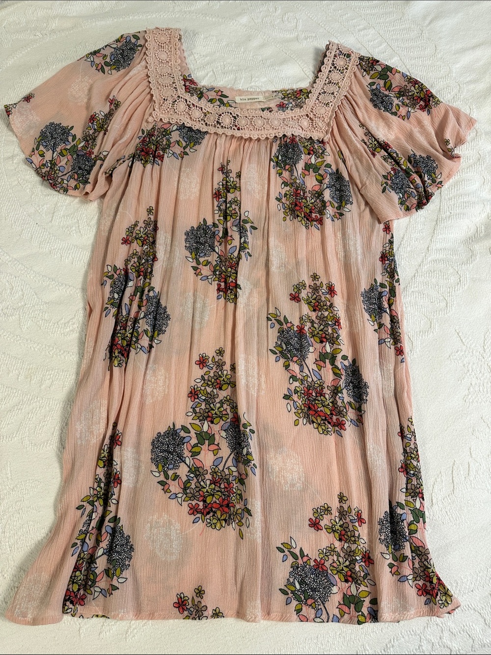 Blu Pepper Peach Floral Crochet-Trim Tunic